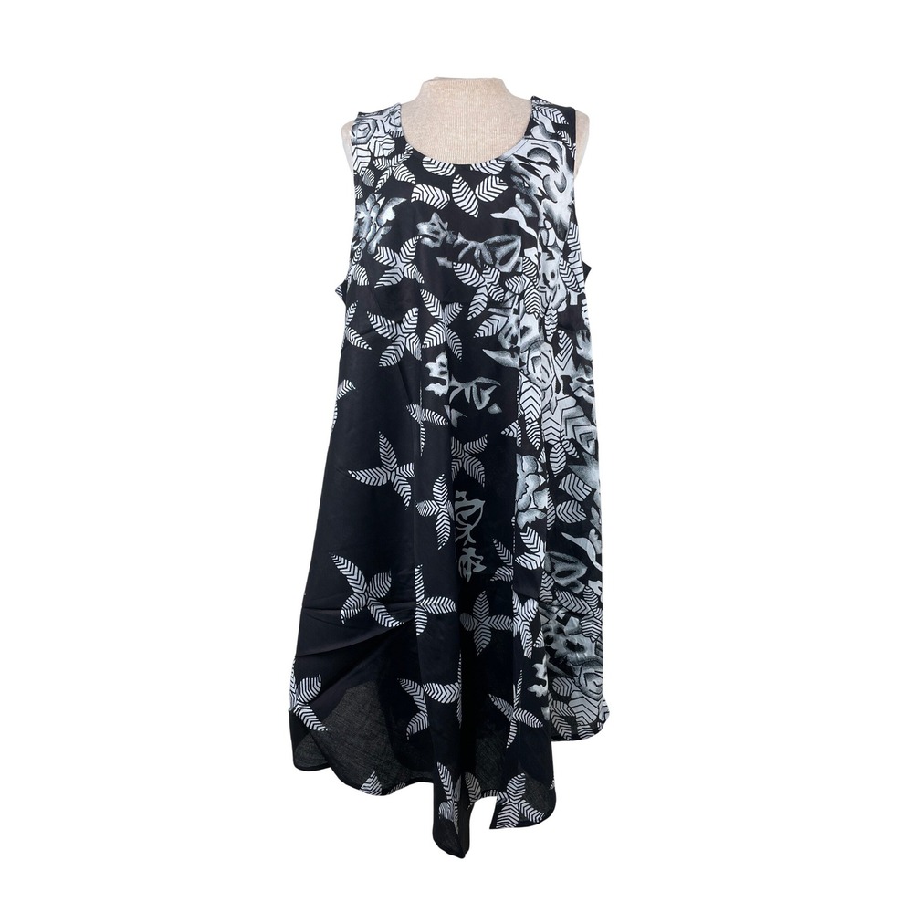 7 Islands Womens 1X Black White Tropical Floral Handkerchief Hem Rayon Dress NWT